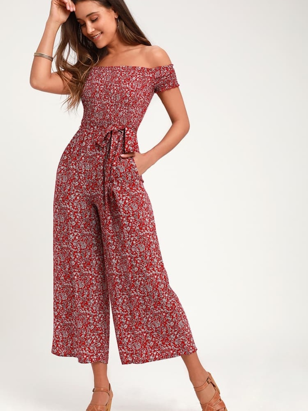 Lulu’s Floral Print Off-the-Shoulder Jumpsuit